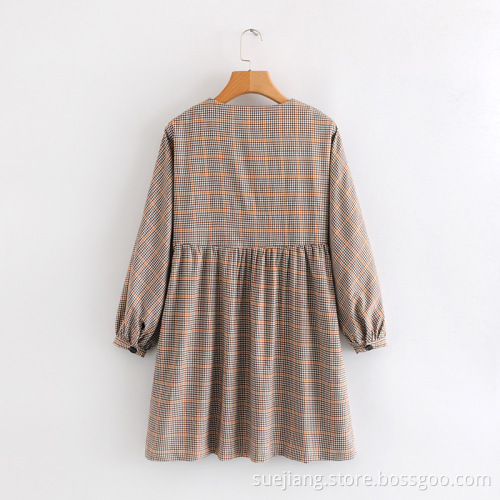 V-neck Plaid Casual Cute Student Long-Sleeved Dress